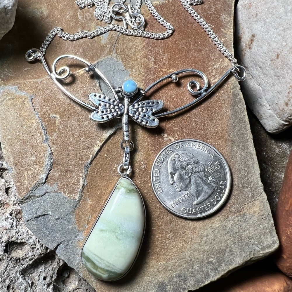 Swiss green opal & Larimar dragonfly necklace - Picture 2 of 5
